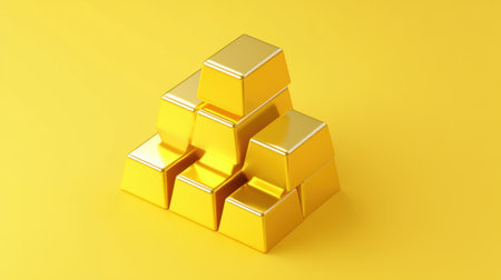A visually striking arrangement of shiny gold bars stacked against a vibrant yellow background, symbolizing wealth, prosperity, and financial success.の素材