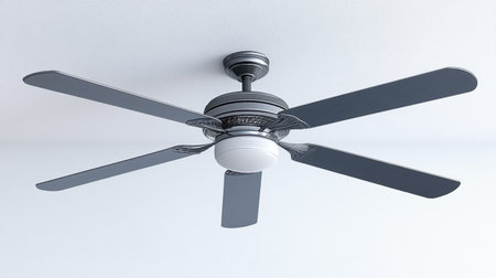 This stylish modern ceiling fan features five sleek blades and an integrated light fixture, perfect for enhancing home interior design and comfort.の素材