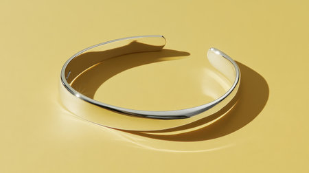 This image showcases a silver bangle bracelet on a smooth yellow background, emphasizing its sleek and contemporary design, ideal for fashion and jewelry promotion.の素材