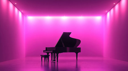 A stunning grand piano stands gracefully in a softly lit pink room, evoking feelings of elegance and artistic inspiration in an intimate setting.の素材