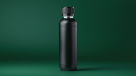 This image features a sleek black metal water bottle standing tall against a dark green background, perfect for showcasing eco-friendly hydration solutions.の素材