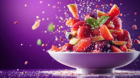 A dynamic display of fruits featuring berries, mint, and apple slices creates a colorful and inviting scene, perfect for healthy eating themes.の素材