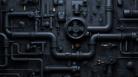 A detailed industrial background showcasing a complex arrangement of black pipes, valves, and connectors. Ideal for technical, engineering, or design projects.の素材