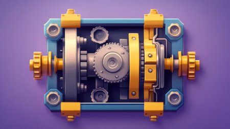 This eye-catching image features a detailed mechanical gear design with colorful elements, set against a vibrant purple background, ideal for creative projects.の素材