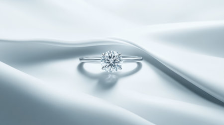 This stunning engagement ring features a brilliant cut diamond set on a sleek band, resting elegantly on soft satin fabric. Perfect for capturing luxury and romance.の素材