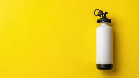 A white fire extinguisher rests against a vibrant yellow backdrop, highlighting its importance in safety and emergency preparedness settings for homes and businesses.の素材