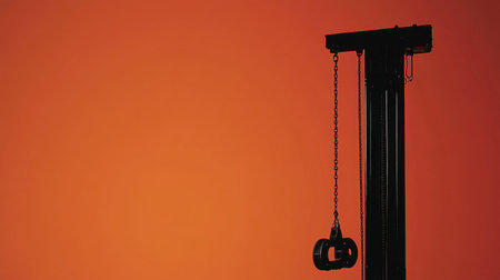 This striking image captures a silhouette of an industrial crane against a vibrant orange sunset, highlighting the intricate details of the chain and hook.の素材