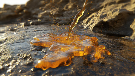 This stunning image captures a close-up view of golden liquid flowing gracefully over a rocky surface, highlighting droplets in sparkling sunlight.の素材