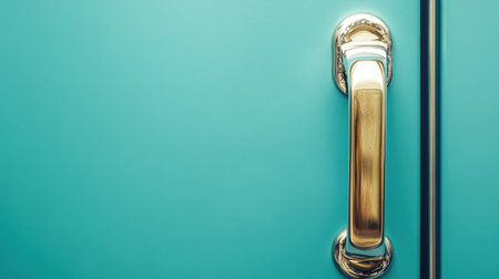 This image features an elegant golden door handle set against a smooth aqua background, highlighting the beauty and craftsmanship of modern interior design elements.の素材