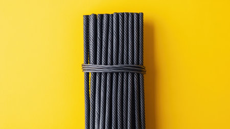 A collection of metal wire rods bundled tightly together, set against a vibrant yellow background, showcasing an industrial aesthetic and strong design element.の素材