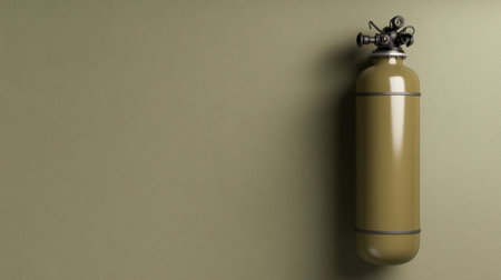 A green fire extinguisher is mounted on a wall with a neutral background, symbolizing safety and emergency preparedness in various environments. Ideal for illustrating fire safety measures.の素材