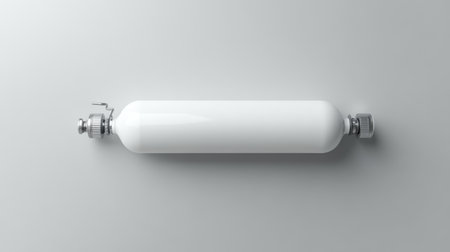 This image features a sleek, white carbon dioxide cylinder with chrome valve positioned on a smooth gray background. Ideal for industrial and scientific applications.の素材