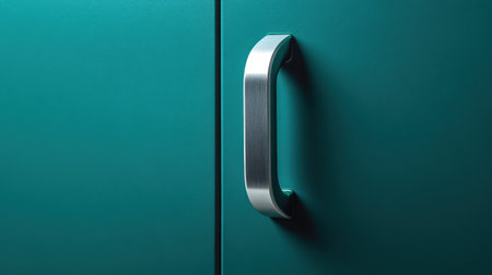 This image captures a modern metallic handle against a vibrant teal door, highlighting sleek design and minimalism. Ideal for interior design inspiration.の素材