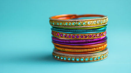 A stunning arrangement of colorful bangles displayed against a soft blue background. The intricate designs and vibrant hues create a visual feast perfect for cultural and festive themes.の素材