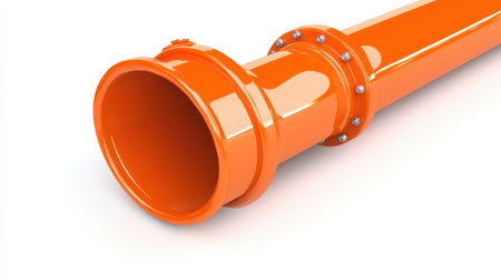 A vibrant orange industrial pipe featuring flanges and a glossy finish, ideal for various construction and engineering projects. Perfect for visualizing modern infrastructure and plumbing systems.の素材
