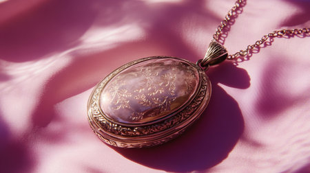 Close-up of an elegant vintage pendant featuring an intricate floral design, resting on soft pink fabric, showcasing its beauty and craftsmanship.の素材