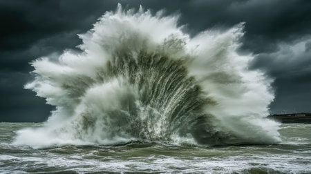A stunning view of powerful ocean waves crashing against the shore, showcasing nature's fury under dark, ominous skies. The dramatic scene captures the tumultuous energy and beauty of the sea.の素材