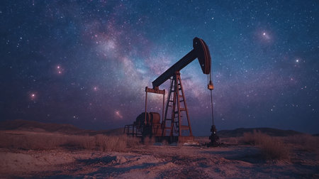Captivating night scene featuring an oil pumpjack in a desolate desert setting, illuminated by a brilliant Milky Way and shimmering stars above.の素材