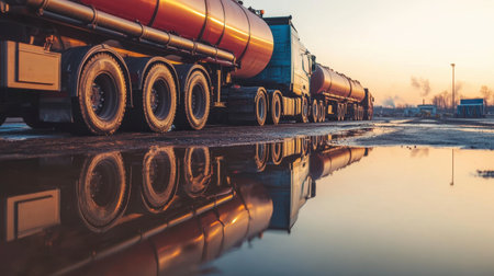 A stunning view of trucks with tanker trailers lined up at an industrial site, creating a captivating reflection in puddles during sunset.の素材