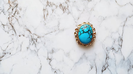 This image features a stunning turquoise gemstone ring set against a stylish marble background, highlighting intricate details and natural beauty.の素材