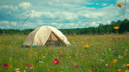 A serene camping scene featuring a single tent surrounded by a colorful field of wildflowers. The blue sky is dotted with fluffy white clouds, creating a peaceful atmosphere perfect for outdoor enthusiasts.の素材
