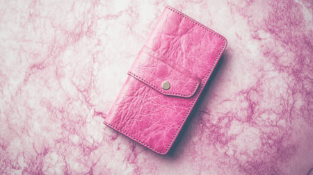 This vibrant pink leather wallet showcases a chic design on a soft pink marble background. Perfect for fashion enthusiasts seeking stylish accessories.の素材