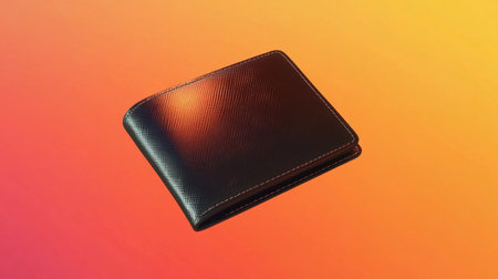 A sleek black wallet positioned on a vibrant gradient background. This image captures the essence of modern design and premium craftsmanship, making it ideal for lifestyle and fashion projects.の素材