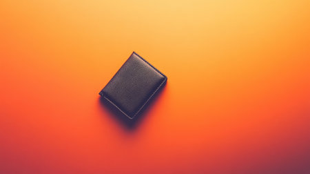 This image features a sleek black wallet placed on a warm orange backdrop, showcasing a modern design ideal for personal accessory themes.の素材