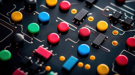 Detailed view of a vibrant circuit board featuring colorful buttons and electronic components. This image embodies modern technology and intricate design.の素材