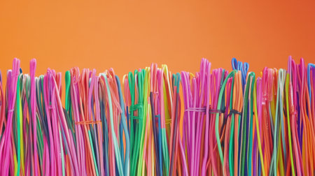 A vibrant collection of colorful plastic strands arranged against a bright orange background, perfect for creative projects, design inspiration, and artistic endeavors.の素材
