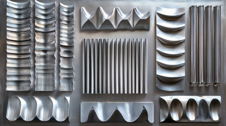 This striking image features an arrangement of diverse metallic shapes on a reflective surface, showcasing smooth lines and geometric forms in a monochrome palette.の素材