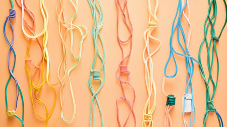 An artistic arrangement of colorful wires and cables twisted and tangled over a vibrant orange background, perfect for creative projects and inspiring designs.の素材