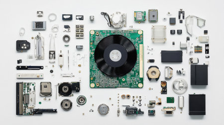 This image features a meticulously arranged collection of electronic components, with a vinyl record at the center. The flat lay composition showcases various parts, highlighting details and textures for a creative display.の素材