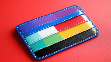 A vibrant and modern cardholder rests against a bold red background, showcasing its unique colors and design. Perfect for contemporary accessory collections.の素材