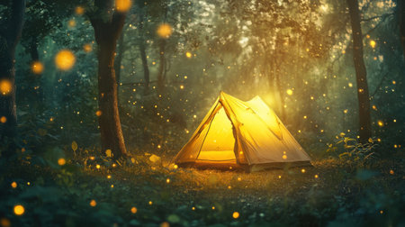 A serene camping scene featuring a cozy illuminated tent surrounded by glowing fireflies in a magical forest at dusk. The warm light creates a mesmerizing atmosphere, inviting adventure and tranquility in nature. Perfect for lovers of the outdoors and peaceful retreats.の素材
