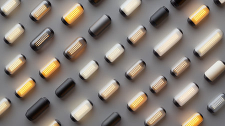 This image showcases an array of stylish LED light bulbs in various designs and colors arranged on a soft gray background, ideal for design inspiration.の素材