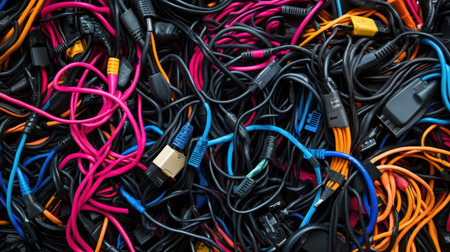 A captivating close-up image showcasing a tangled mixture of colorful electrical cables and wires, highlighting the chaos and complexity of technology.の素材