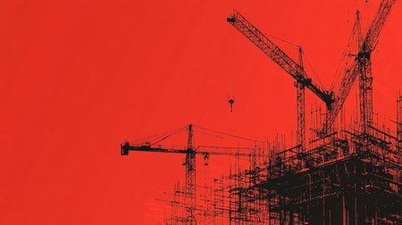 A striking silhouette of construction cranes and scaffolding elements against a vivid red backdrop highlights the dynamic nature of urban development.の素材