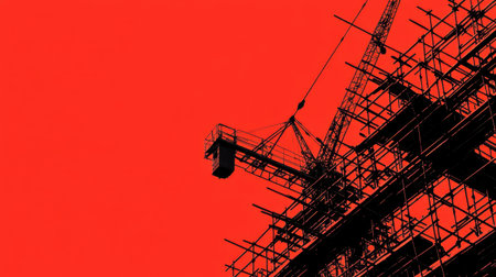 A striking silhouette of a construction site featuring a crane and scaffolding against a vibrant red backdrop, symbolizing urban development and modern industry.の素材