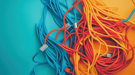 This image features a vibrant arrangement of colorful cables in blue, red, and yellow on a contrasting background. Ideal for creative projects.の素材