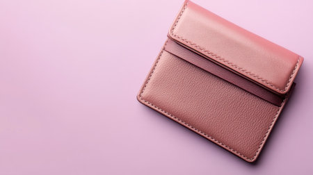 This elegant pink leather wallet rests on a soft pink background, showcasing its minimalist design ideal for fashion or lifestyle projects. Perfect for branding.の素材