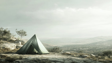 A tranquil camping scene featuring a single green tent set against a breathtaking rocky landscape under an overcast sky. Ideal for nature enthusiasts.の素材