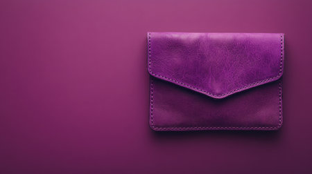 This elegant purple leather wallet rests against a vibrant, solid purple background, showcasing its sleek design and craftsmanship, perfect for fashion themes.の素材