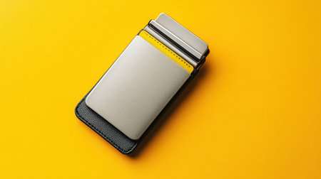 This image showcases a sleek minimalist wallet resting on a vibrant yellow background, highlighting modern design and stylish accessories for everyday use.の素材