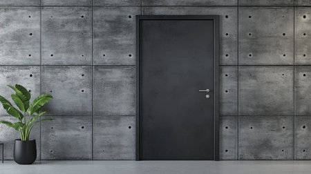 A modern door set against a textured concrete wall, complemented by a decorative plant. This image captures the essence of minimalist interior design, creating a sleek and inviting atmosphere.の素材