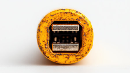 A detailed close-up image of a weathered USB connector featuring a yellow exterior and metallic contacts. This photo highlights the industrial design and aging features of the device.の素材
