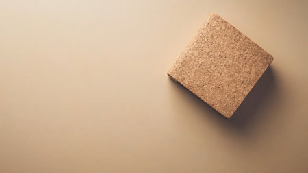 A solitary cork block sits elegantly against a smooth, neutral backdrop, ideal for showcasing natural textures and minimalistic design in creative applications.の素材