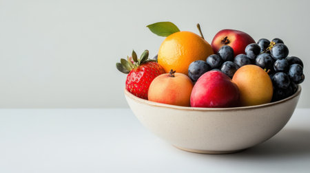 A stunning arrangement of fresh fruits including oranges, strawberries, apples, and grapes displayed in a simple bowl, showcasing vibrant colors and natural beauty.の素材