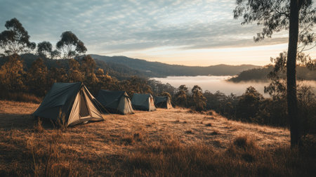 Experience the serenity of a sunrise at a camping site, with tents set against misty mountains and lush trees, creating a peaceful outdoor ambiance.の素材