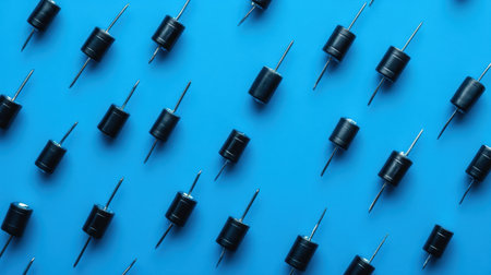 This stock photo features a striking arrangement of black cylinders with pins set against a vibrant blue surface, providing an engaging abstract visual perfect for various creative projects.の素材